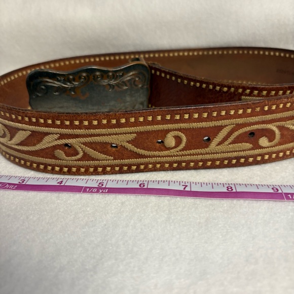 SOLD VTG Ralph Lauren Leather Belt sz S Brown Leather Embroidered Metal Plaque - Picture 11 of 14